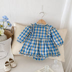 Autumn Arrival Baby Girls Long Sleeves Floral Plaid Ruffle Neck Onesies Dress-2