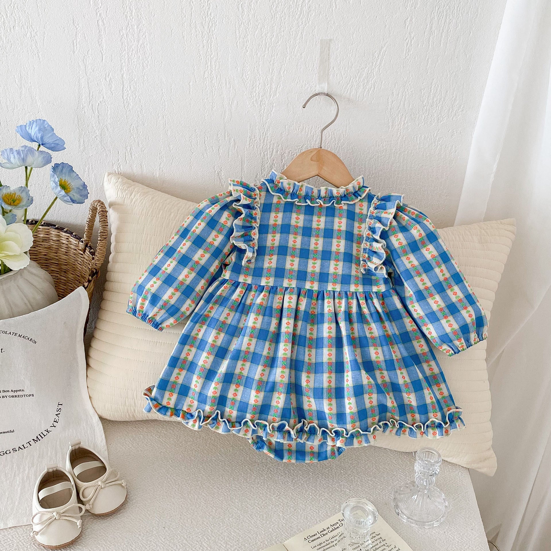 Autumn Arrival Baby Girls Long Sleeves Floral Plaid Ruffle Neck Onesies Dress-2
