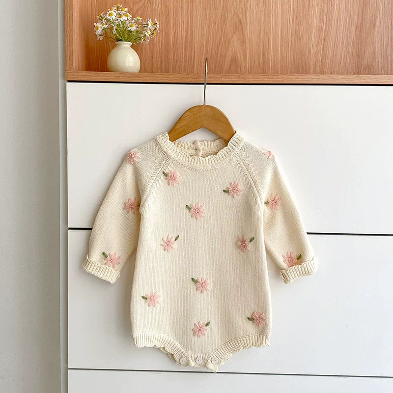 Autumn Arrival Baby Girls Knitted Long Sleeves Flowers Embroidered Pattern Onesies-0