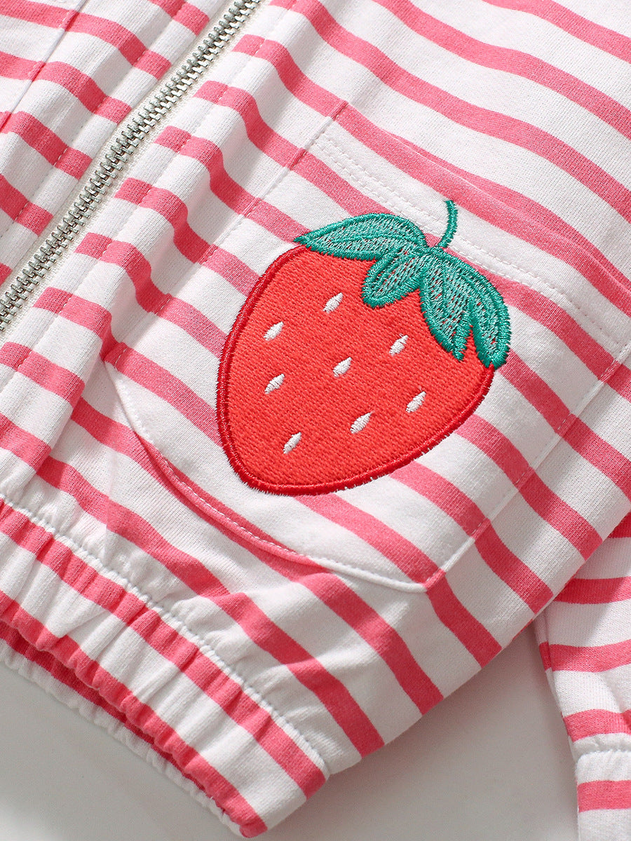 Arrival Baby Kids Girls Strawberry Cartoon And Striped Pattern Zipper Hoodie-3