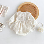 Autumn Arrival Baby Girls Long Sleeves Beige Embroidery Onesies Dress-1