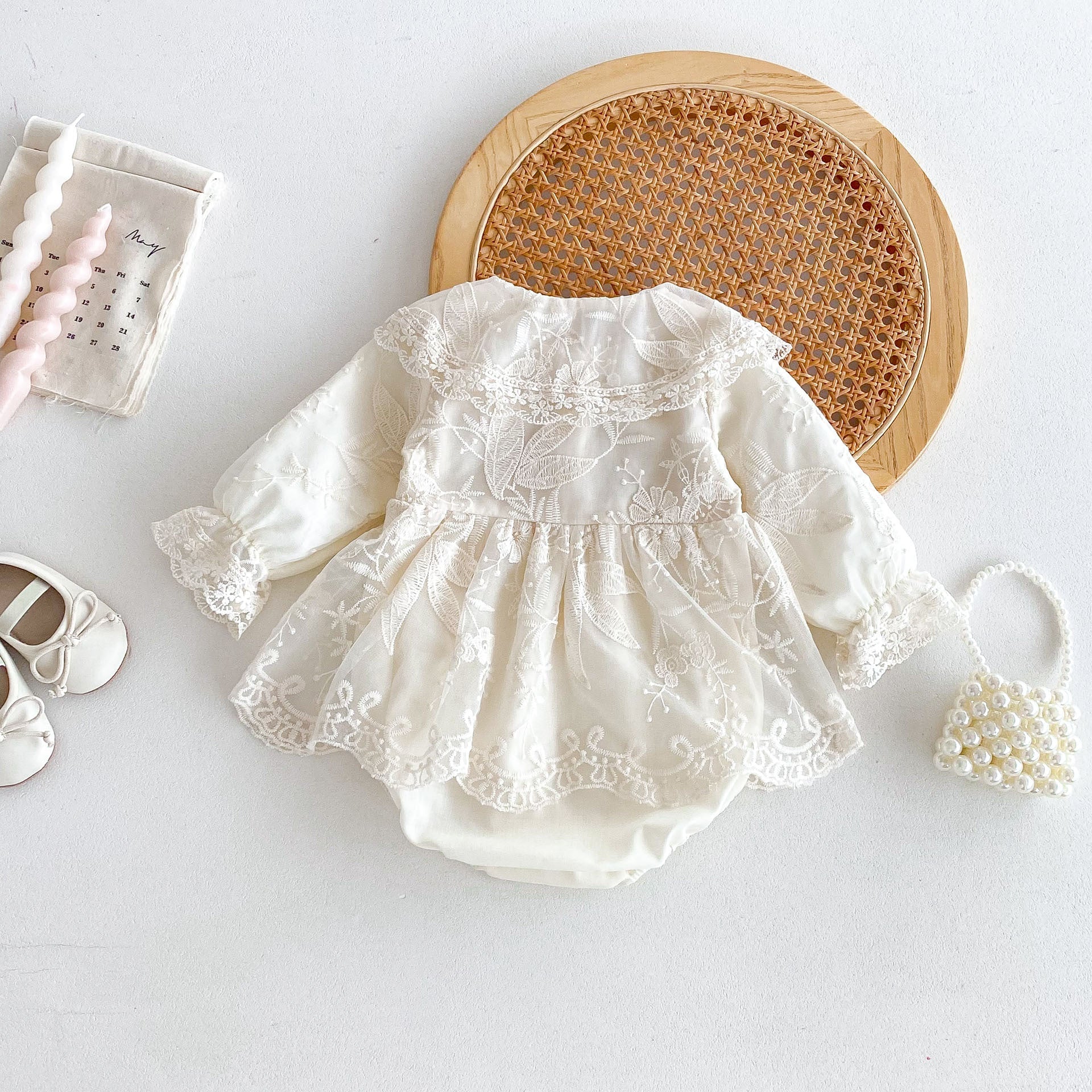 Autumn Arrival Baby Girls Long Sleeves Beige Embroidery Onesies Dress-1