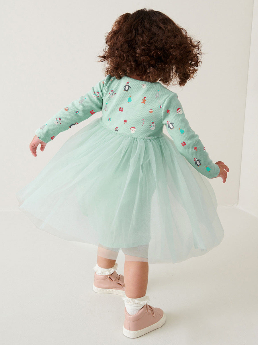 Arrival Autumn Girls Cartoon Christmas Print Crew Neck Long Sleeves Tulle Patchwork Princess Dress-3
