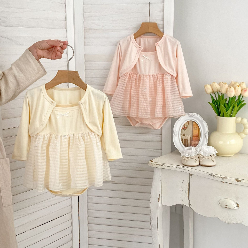 Arrival Summer Girls Short Sleeves Solid Color Top Little Coat and Embroidered Tulle Sleeveless Onesies Dress Set Clothing Set-0