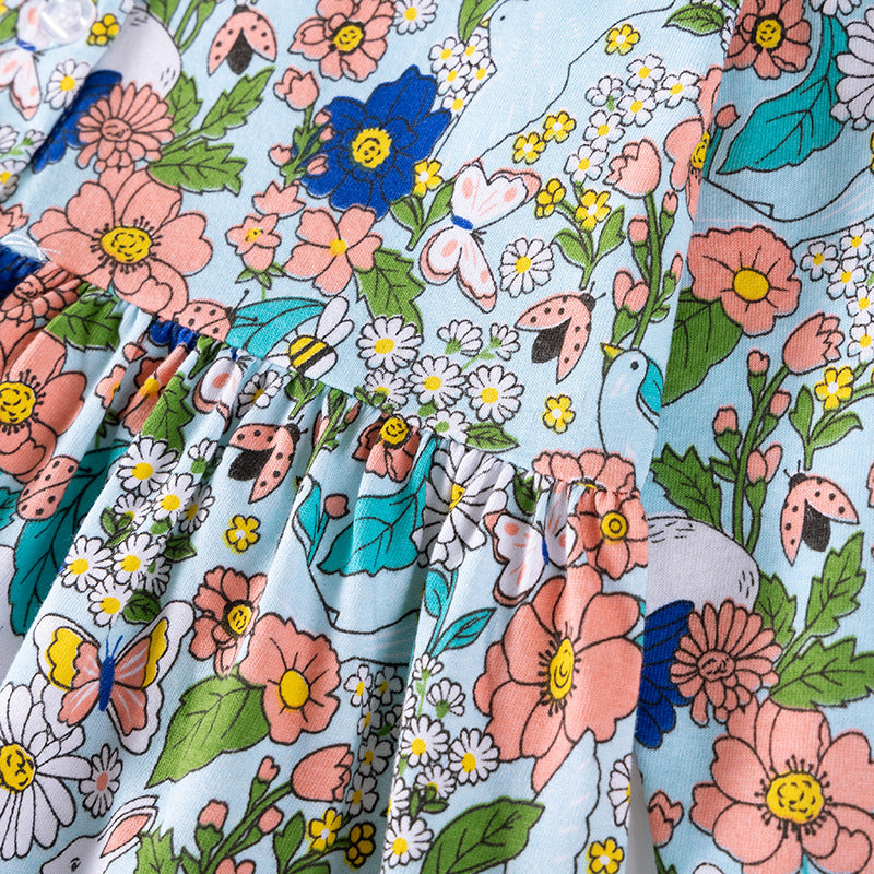 Autumn and Spring Arrival Colorful Flowers Cartoon Pattern Long Sleeves Dress for Stylish Girls-2
