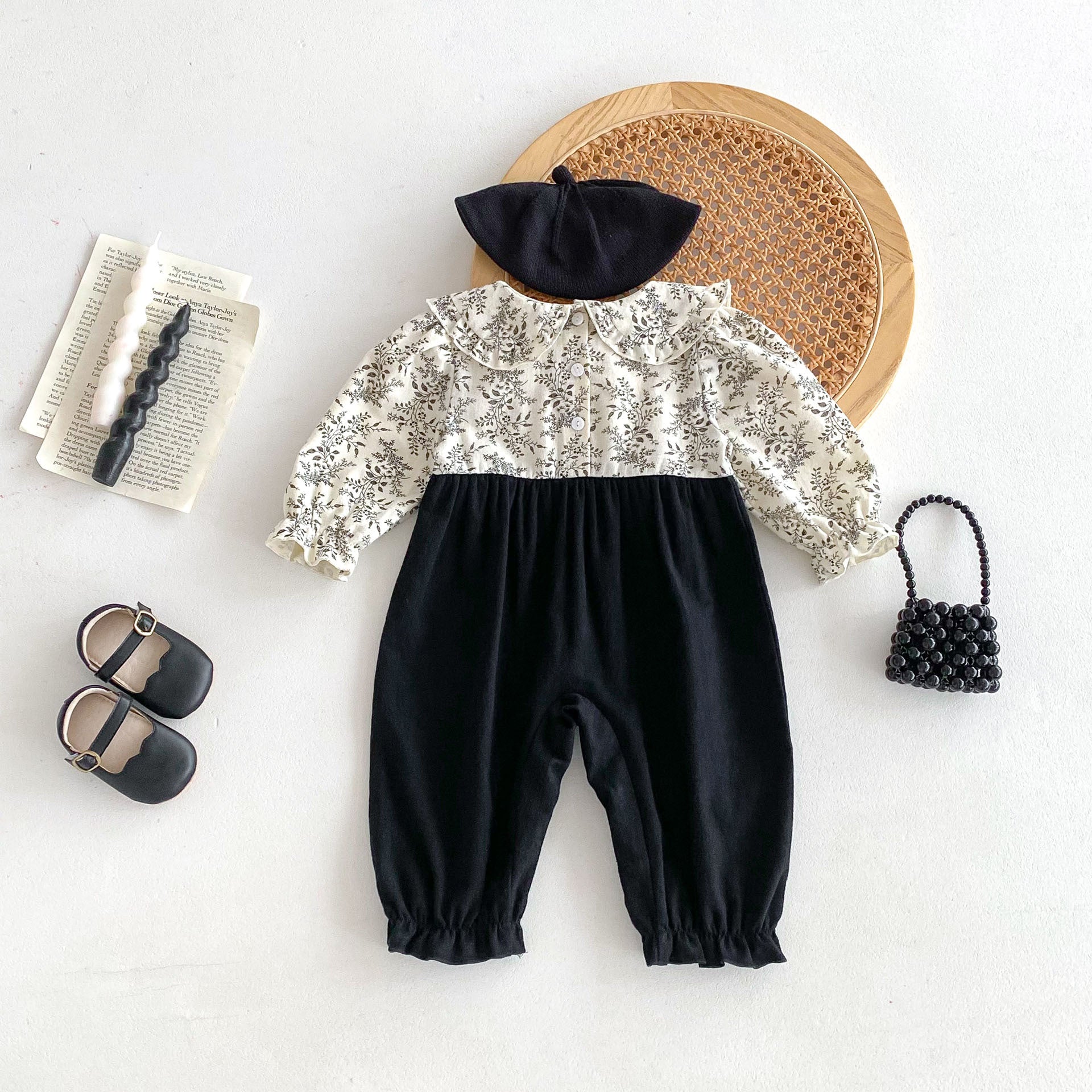 Autumn Arrival Baby Kids Girls Flowers Pattern Long Sleeves Top and Black Overalls Strap Onesies Patchwork Casual Outfits Clothing-2