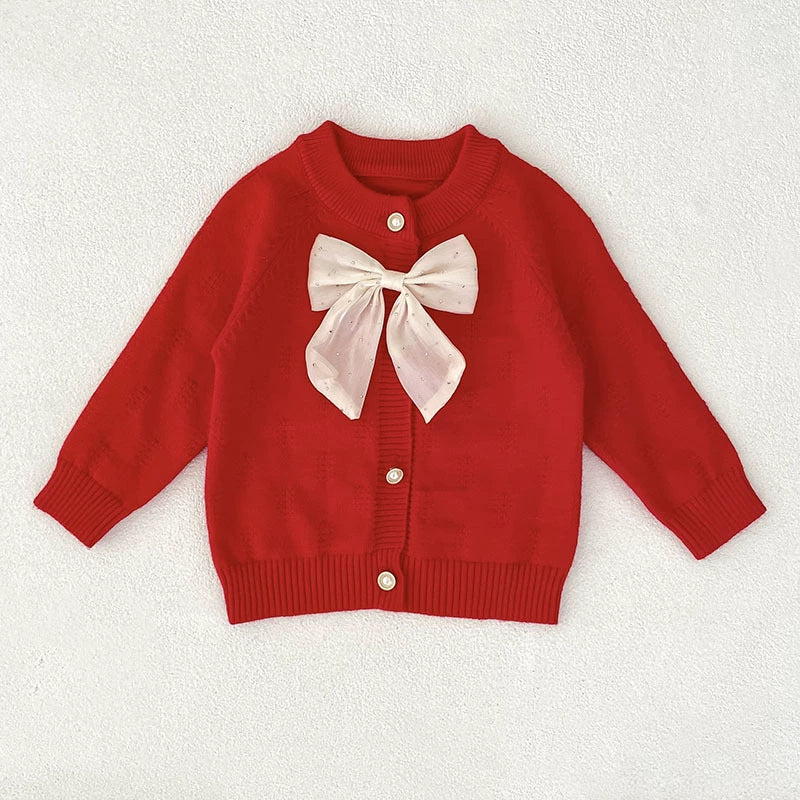 Autumn Arrival Baby Girls Comfortable Butterfly-bow Decorated Knitted Long Sleeves Cardigan-4
