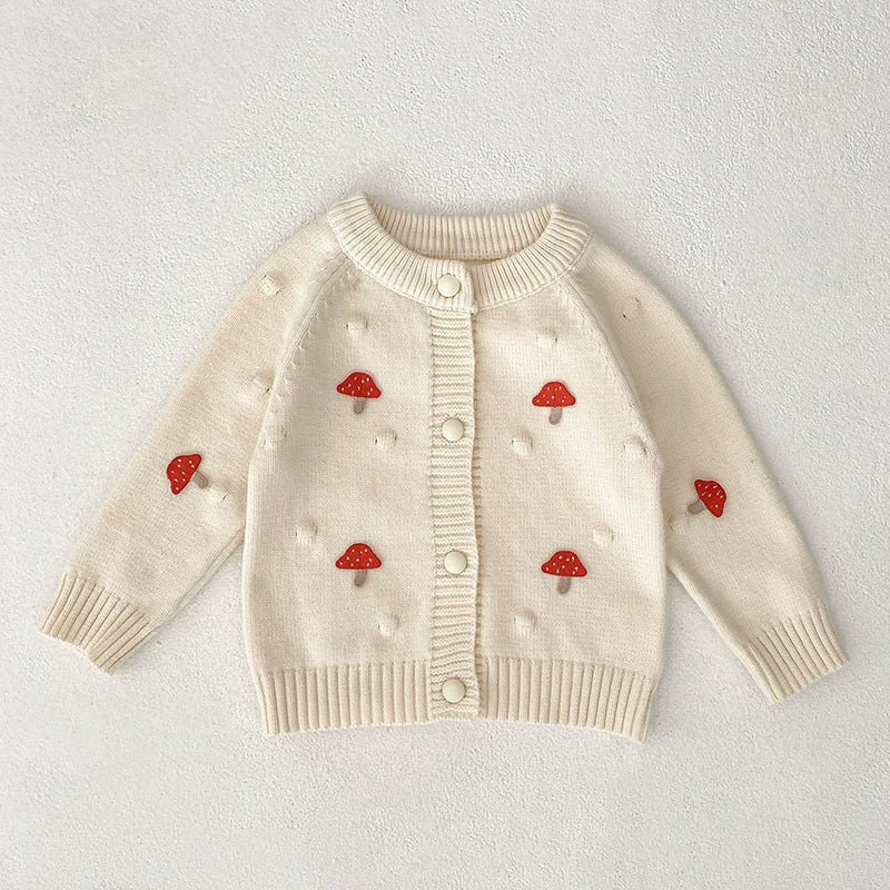 Autumn Arrival Baby Girls Comfortable Mushroom or Butterfly-bows Decorated Knitted Long Sleeves Cardigan-1