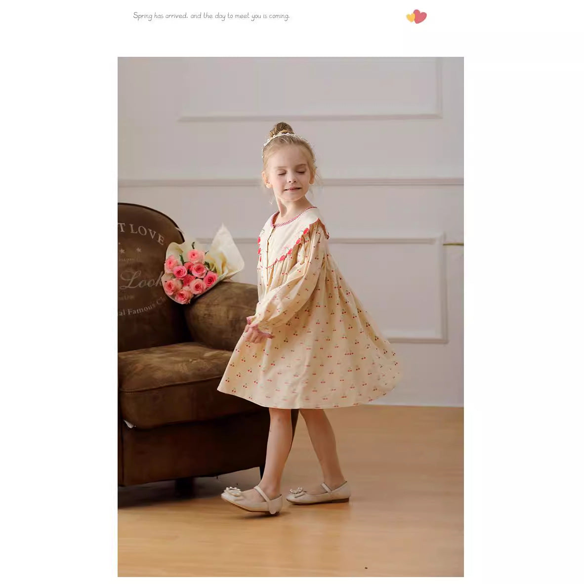 Arrival Autumn Girls Cherry Pattern Single Breasted Long Sleeves Dress with Embroidery Collar-3