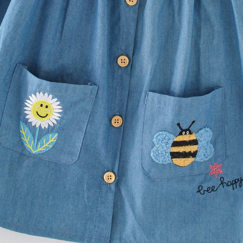 Summer Arrival Cartoon Animals and Flower Embroidered Pattern Fly Sleevels Single Breasted Dress for Stylish Girls-2
