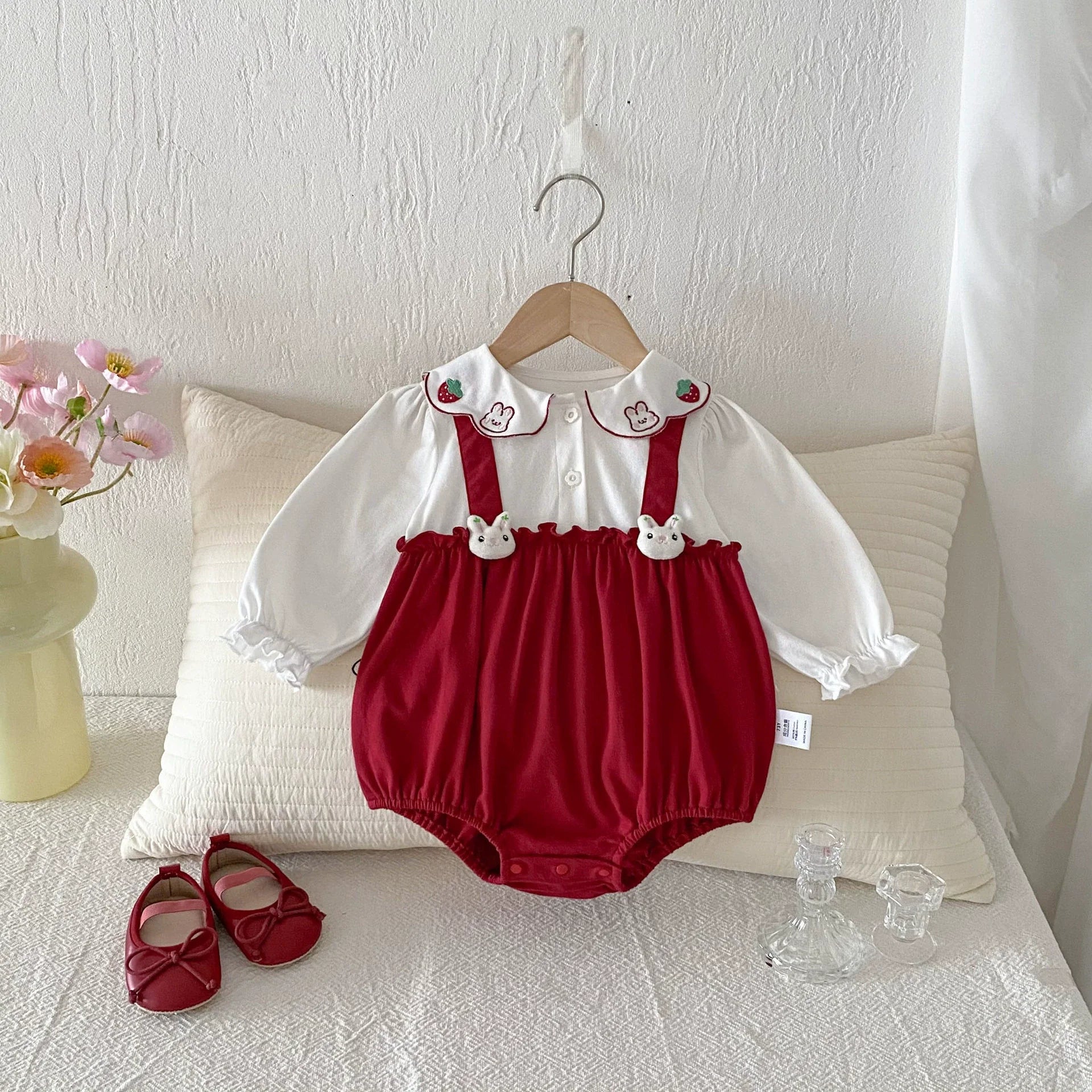Autumn Arrival Baby Girls Long Sleeves Strawberry and Rabbit Pattern Color Patchwork Onesies-0