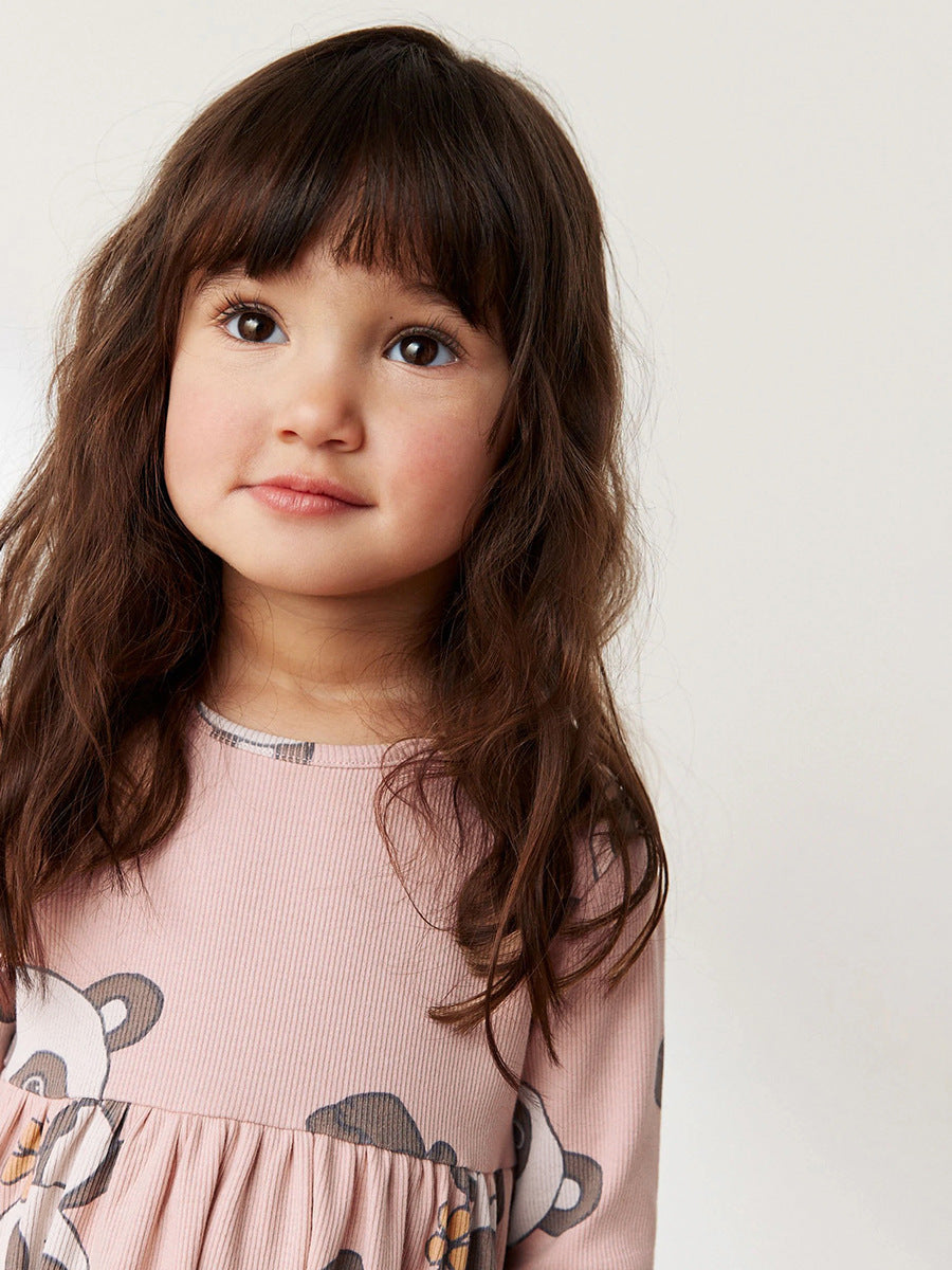 Arrival Autumn Girls Long Sleeves Cartoon Panda Pattern Crew Neck Dress-3