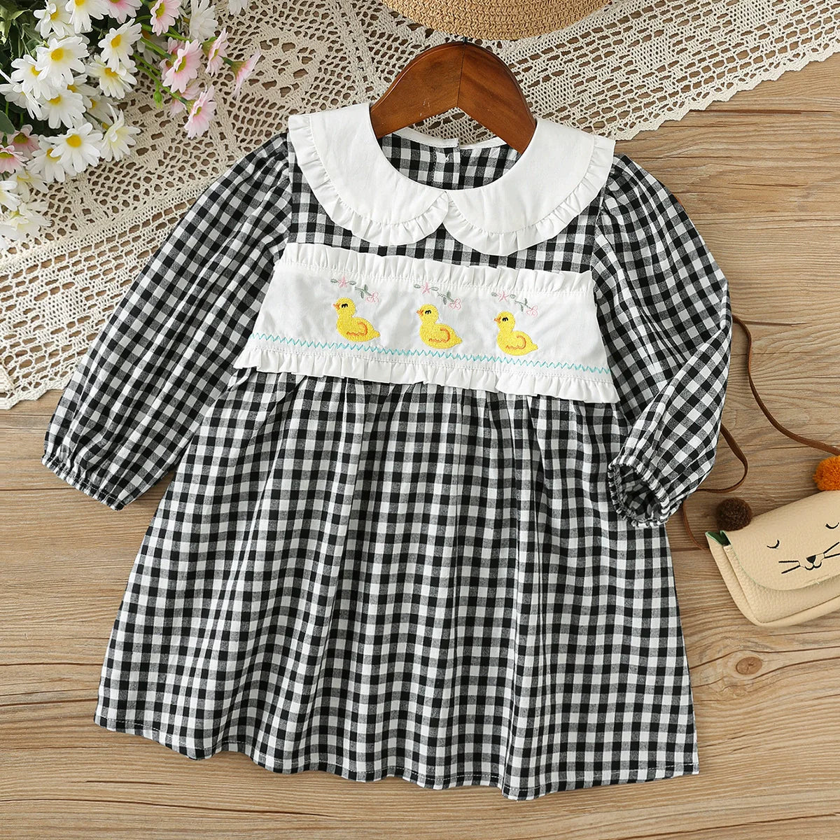 Arrival Autumn Girls Duck and Plaid Pattern Long Sleeves Dress with Collar-4