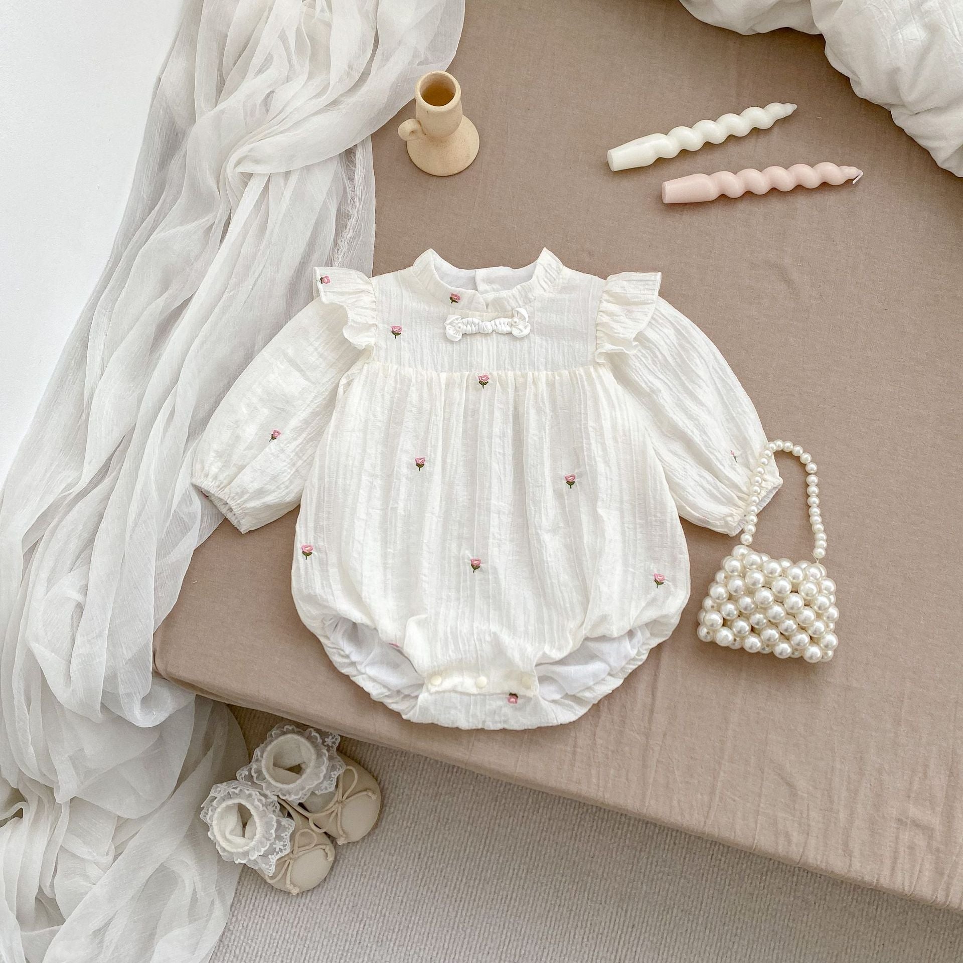Autumn Arrival Baby Girls Long Sleeves Tiny Flowers Embroidered Stand Collar Onesies-1