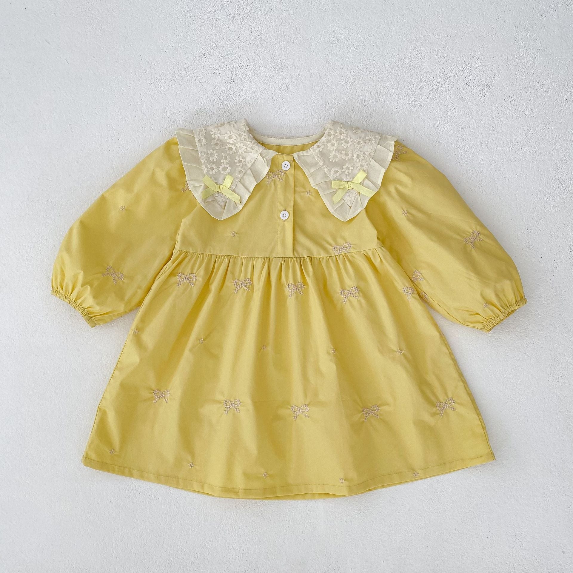 Arrival Spring Baby Kids Girls Long Sleeves Bows Embroidery Pattern Floral Collar Onesies and Dress – Princess Sister Matching Set-4