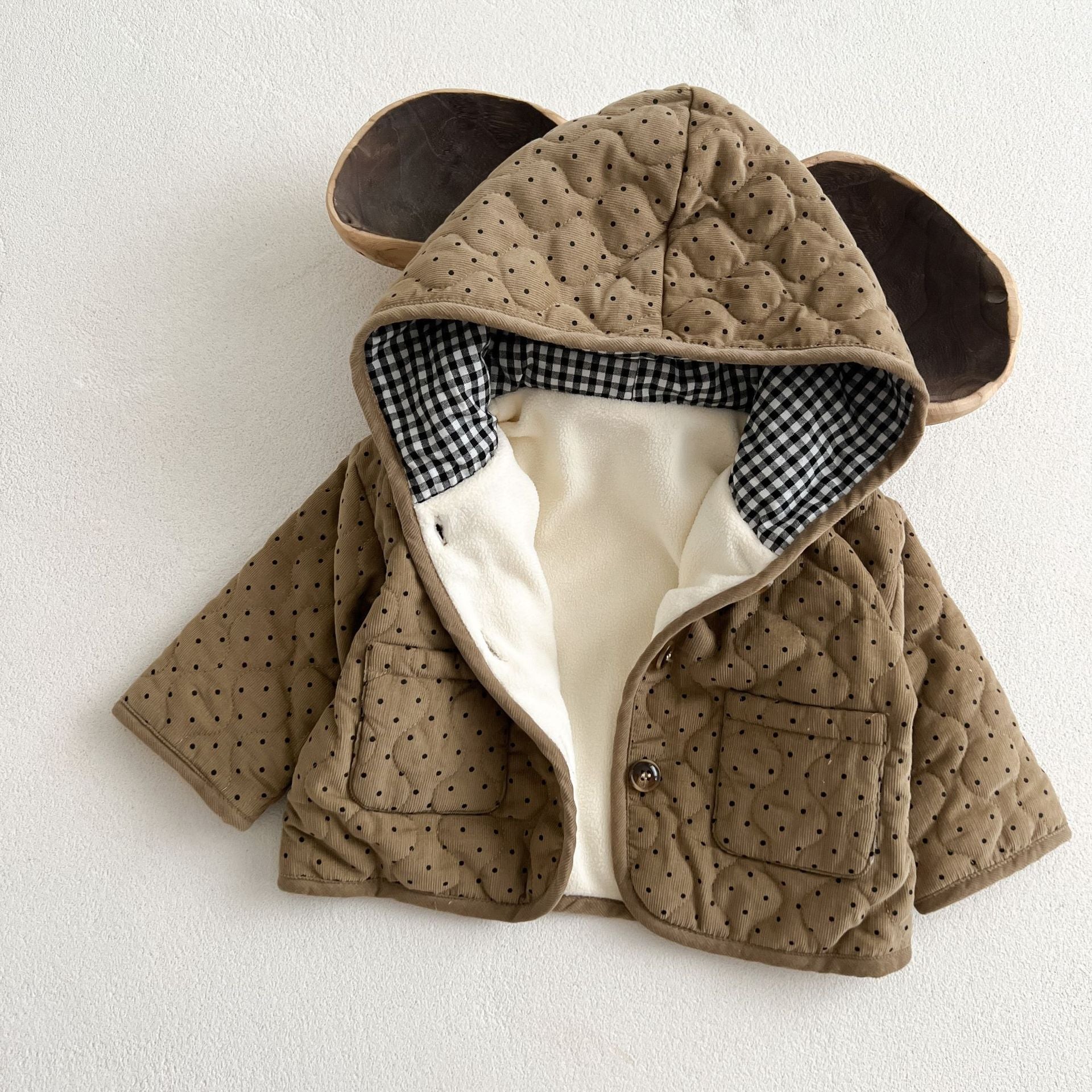Arrival Baby Kids Unisex Dots Pattern Single Breasted Hooded Thick Corduroy Coat-2