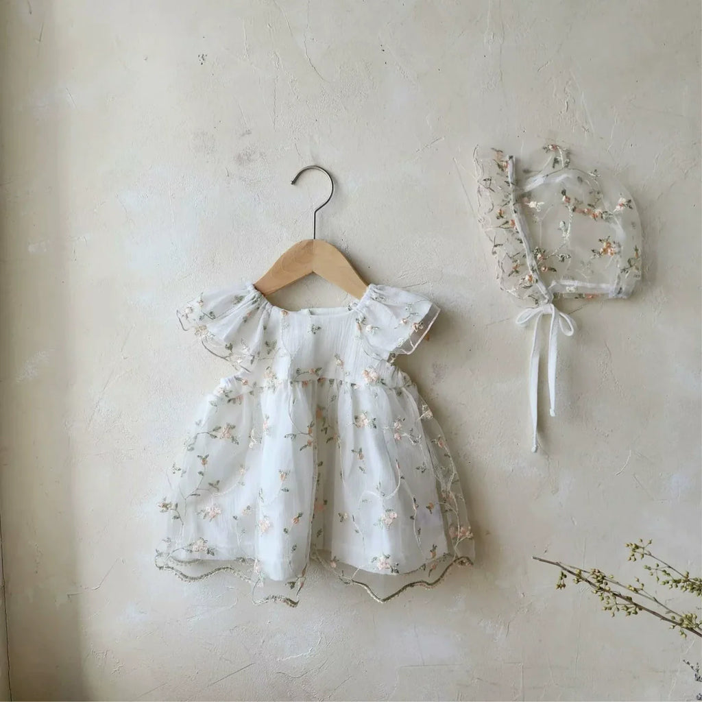 Summer Hot Selling Baby Kids Girls Fly Sleeves Flowers Embroidered Tulle Design Princess Dress with Hat-0