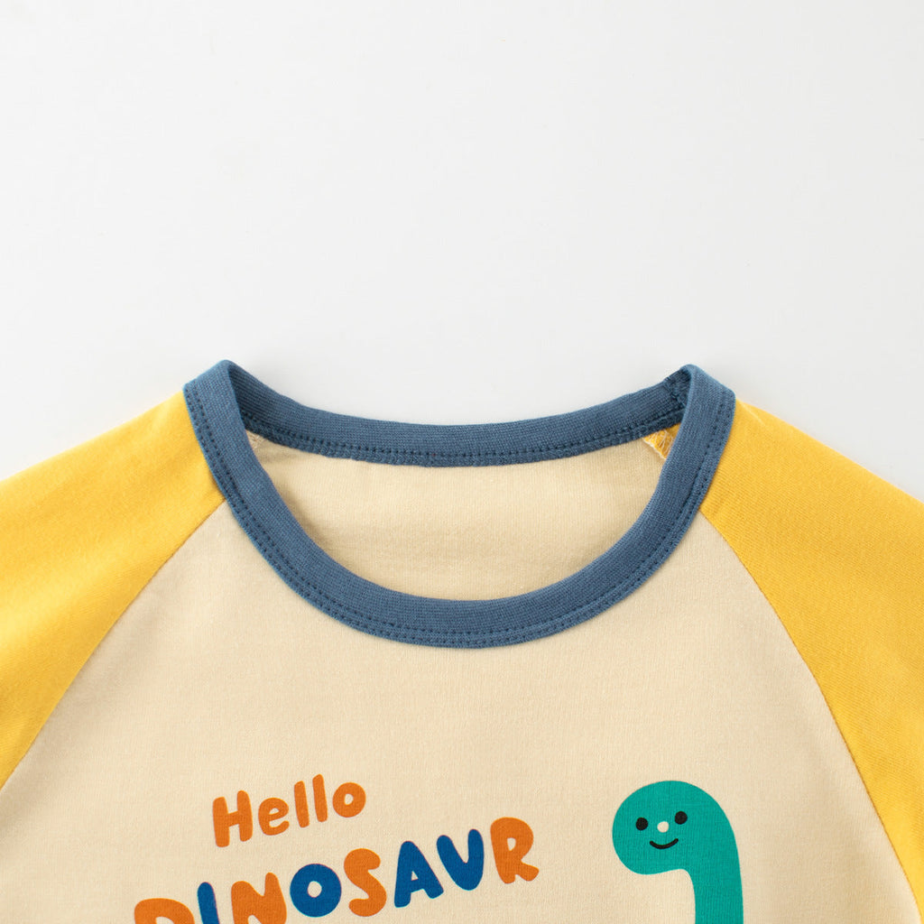 Autumn Baby Kids Unisex Letters and Dinosaur Print Color Patchwork Long Sleeves Crew Neck Base Top Shirt-3