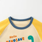 Autumn Baby Kids Unisex Letters and Dinosaur Print Color Patchwork Long Sleeves Crew Neck Base Top Shirt-3