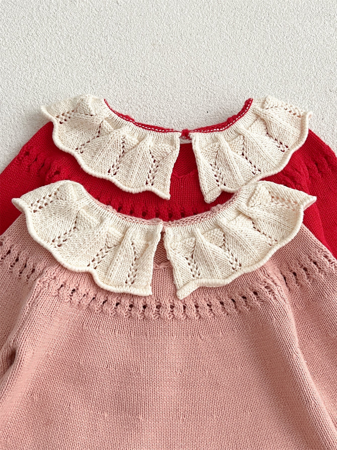 Autumn Arrival Baby Kids Girls Comfortable Hollow-out Design Knitted Long Sleeves Top with Flowers Embroidery Pattern and Collar-2