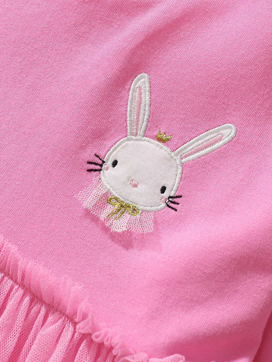 Arrival Autumn Girls Cartoon Rabbit Logo Crew Neck Long Sleeves Pink Tulle Patchwork Princess Dress-3