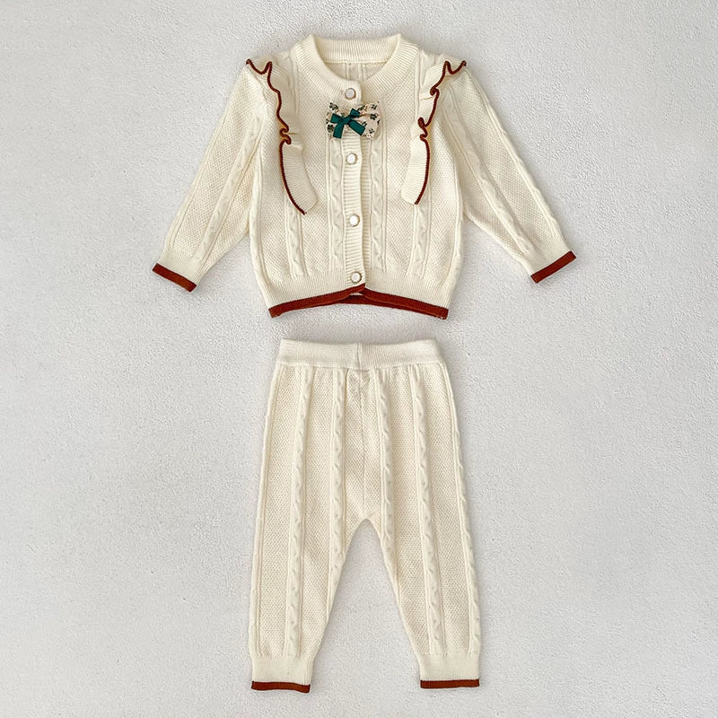 Arrival Autumn Baby Girls Long Sleeves Color Patchwork Jacquard Pattern Knitted Top Cardigan and Long Trousers Clothing Set-4