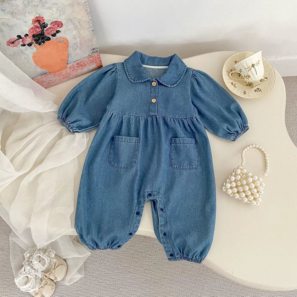 Autumn and Spring Arrival Baby Casual Pocketed Denim Rompers with Turn-down Collar-1