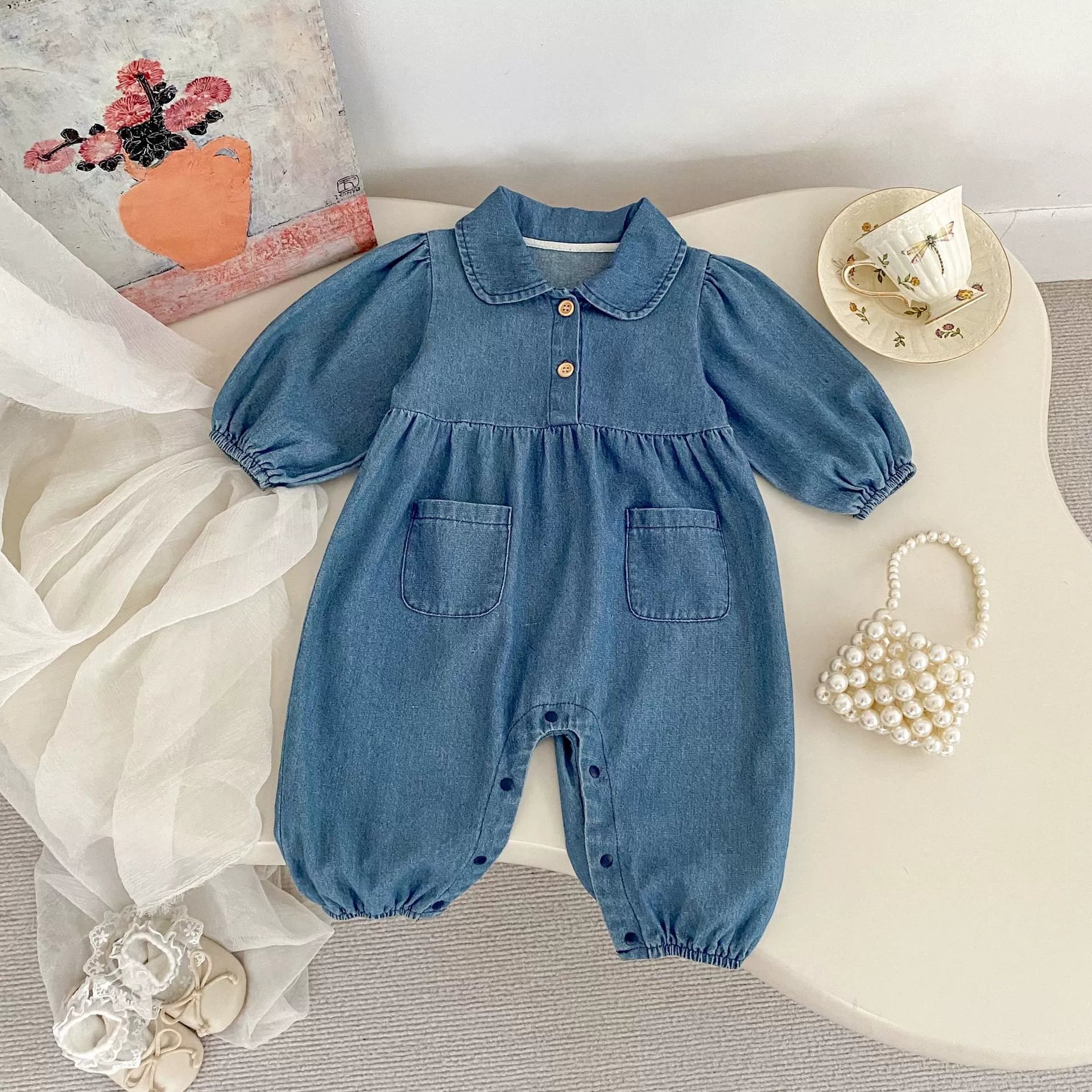 Autumn and Spring Arrival Baby Casual Pocketed Denim Rompers with Turn-down Collar-1