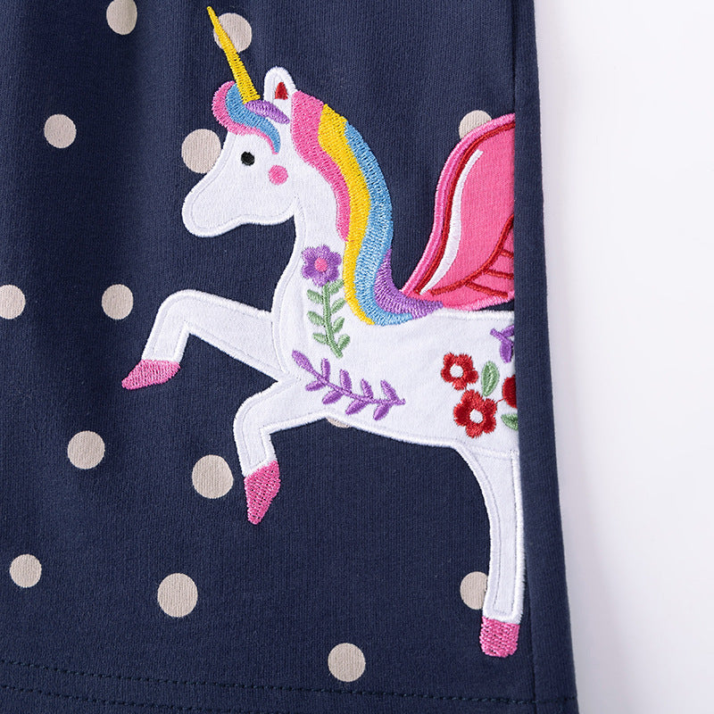 Autumn and Spring Arrival Unicorn Cartoon and Dots Pattern Long Sleeves Dress for Stylish Girls-2