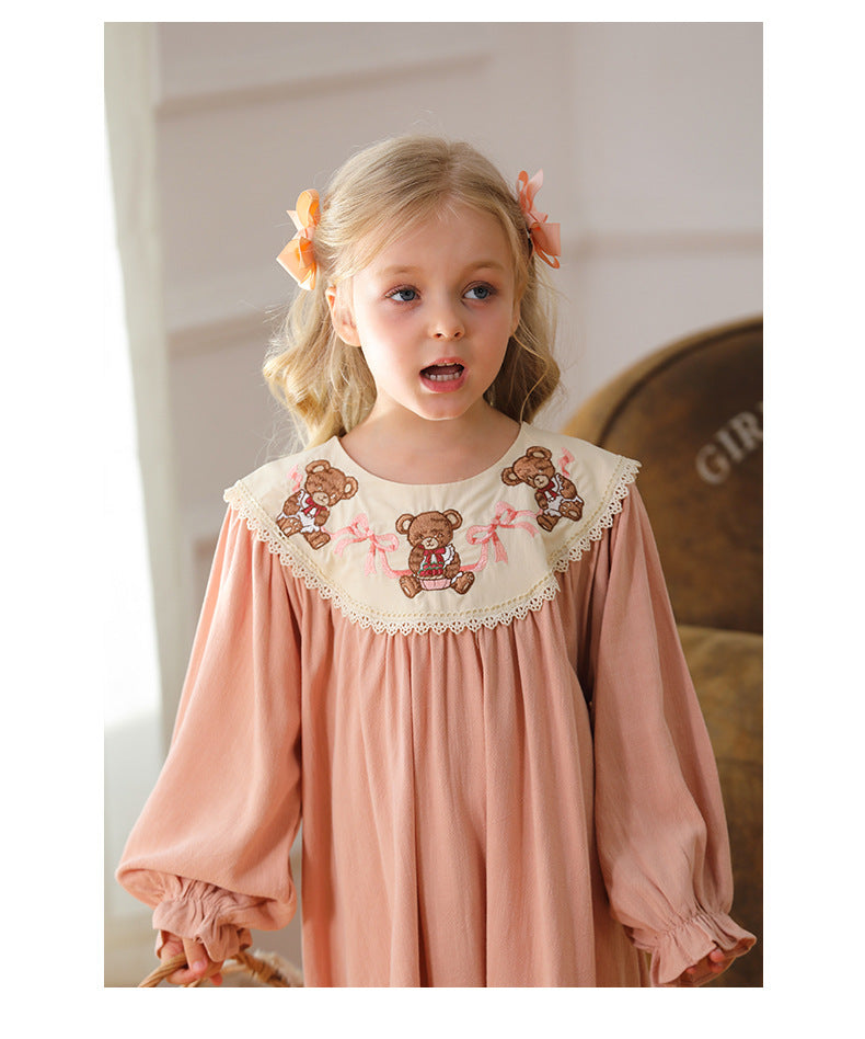 Arrival Autumn Girls Pink Long Sleeves Dress with Teddy Embroidery Collar-2