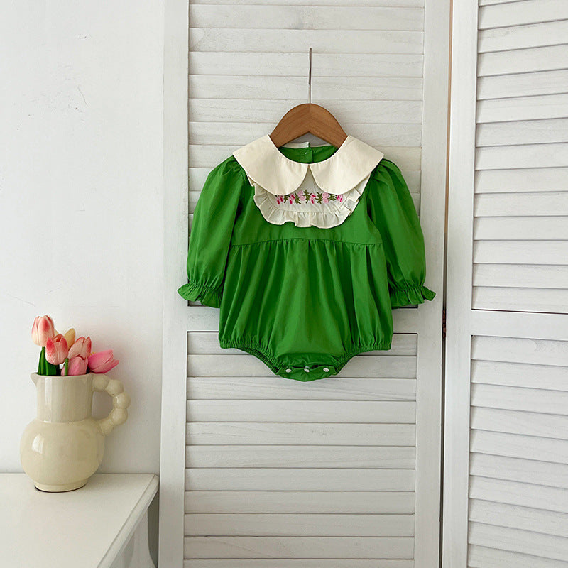 Arrival Autumn Baby Kids Girls Long Sleeves Peter Pan Collar Embroidery Flowers Pattern Onesies and Dress – Princess Sister Matching Set-2