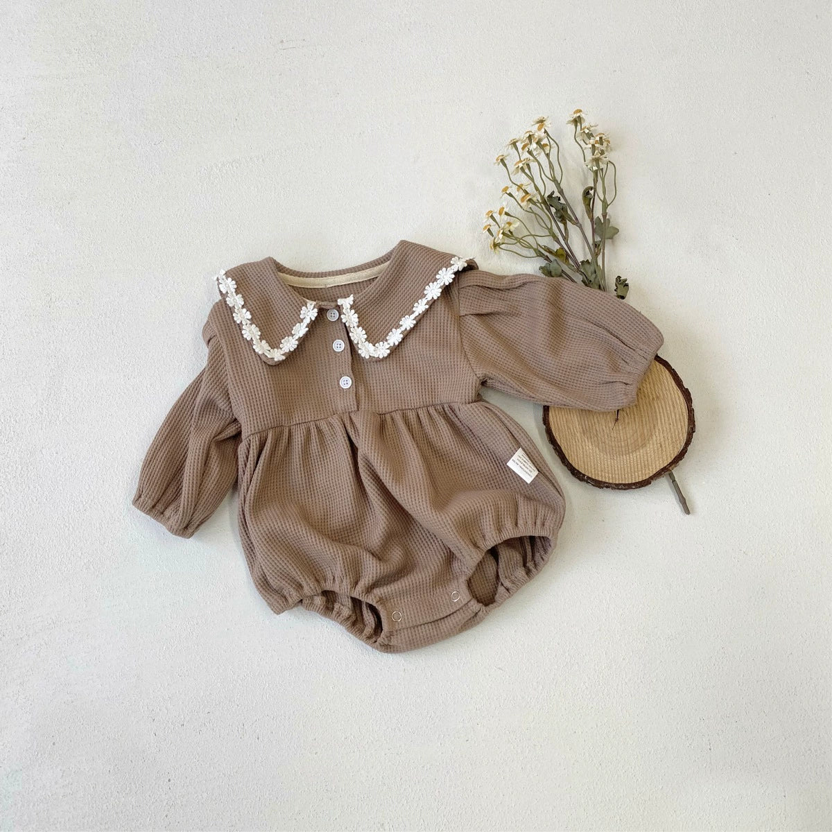 Arrival Baby Girls Long Sleeves Waffle Grid Onesie with Floral Collar-3