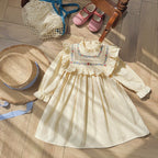 Arrival Autumn Girls Flowers Embroidery Pattern Long Sleeves Ruffle Neck Dress-3