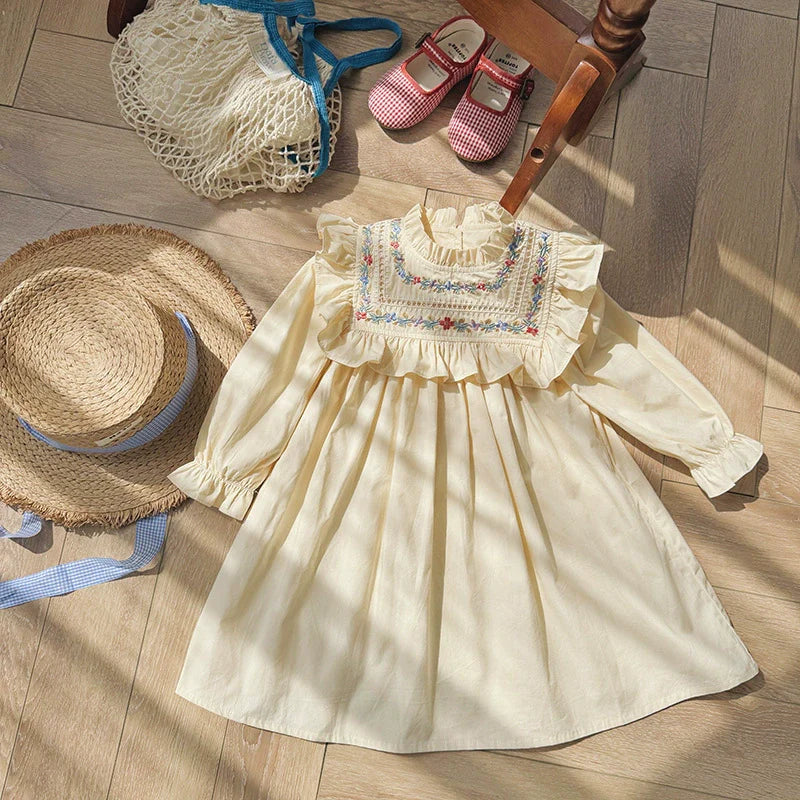 Arrival Autumn Girls Flowers Embroidery Pattern Long Sleeves Ruffle Neck Dress-3