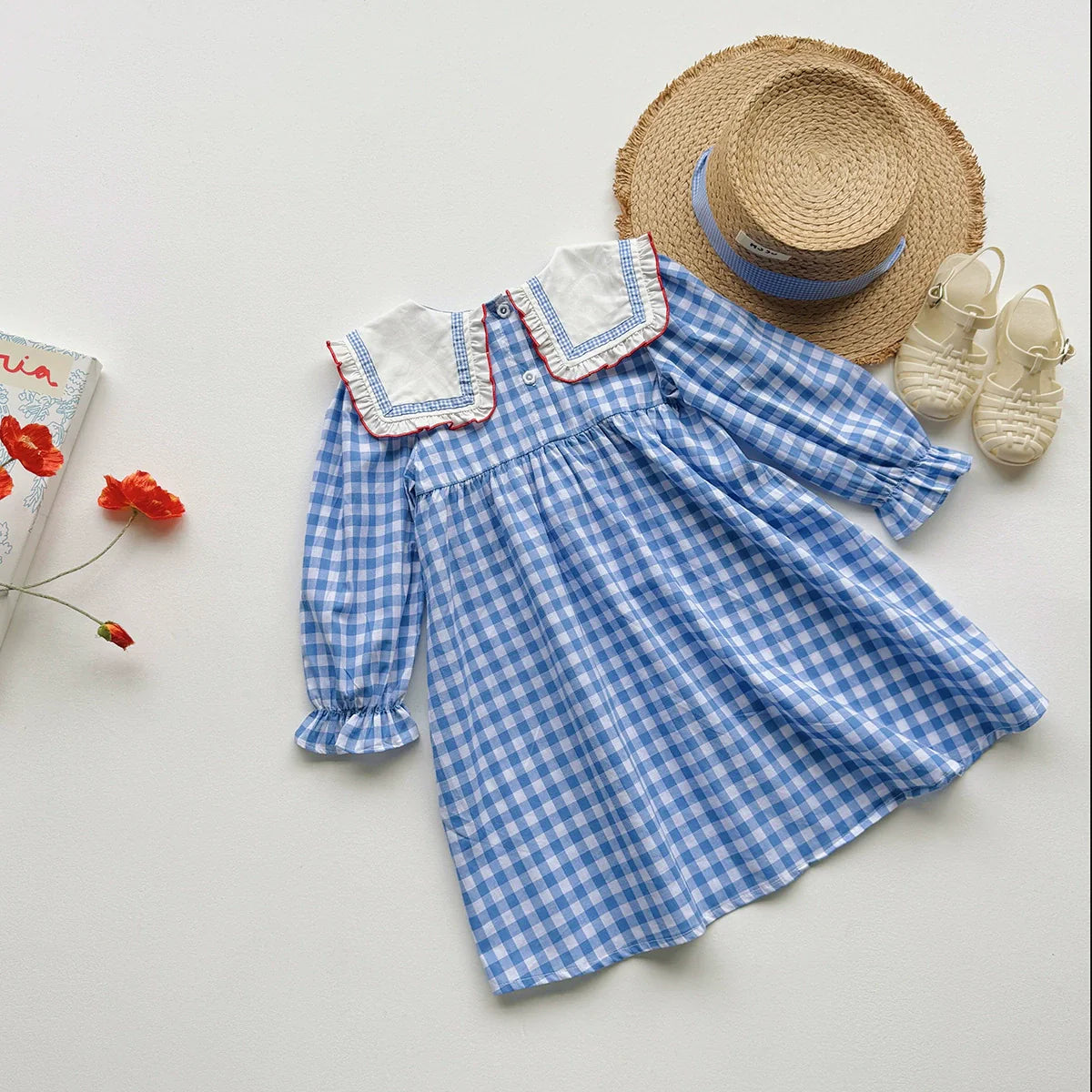 Arrival Autumn Girls Plaid and Cherry Pattern Long Sleeves Dress-2