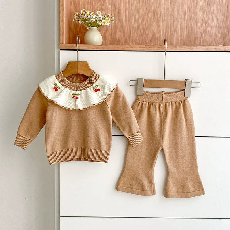 Arrival Autumn Baby Girls Long Sleeves Color Patchwork Cherry Embroidered Pattern Knitted Top Sweater and Long Trousers Clothing Set-0