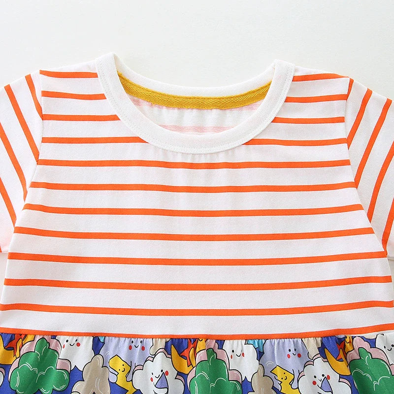 Summer Arrival Striped and Cartoon Clouds Pattern Short Sleeves Color Patchwork Dress for Stylish Girls-2