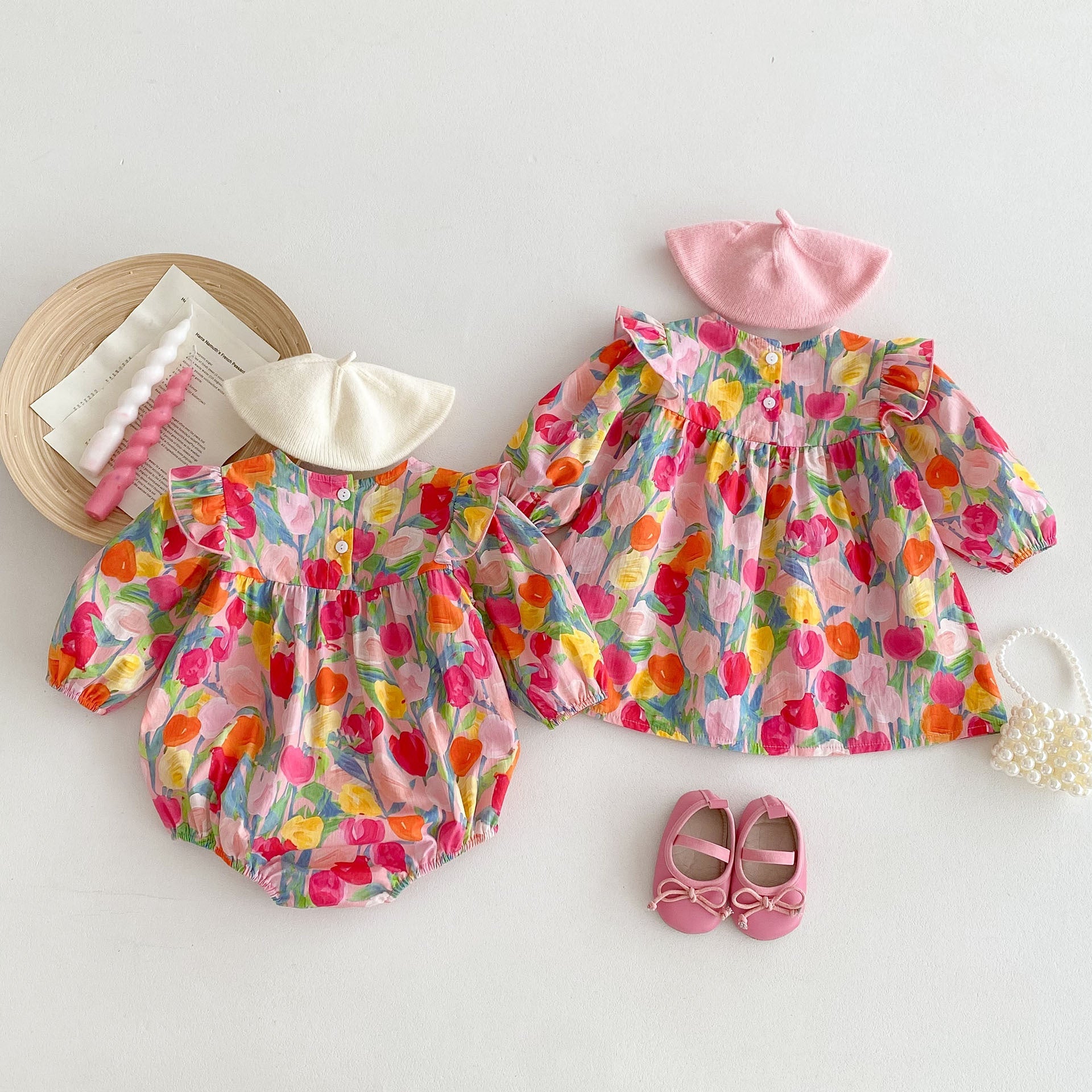 Autumn Arrival Baby Girls Long Sleeves Vivid Floral Print Colorful Onesies and Dress-1