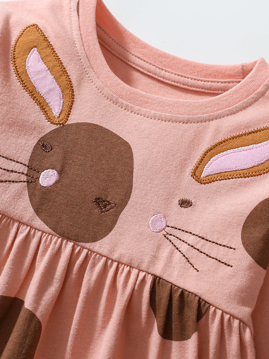 Arrival Autumn Girls Cartoon Rabbit And Polka Dots Pattern Crew Neck Long Sleeves Princess Dress-3