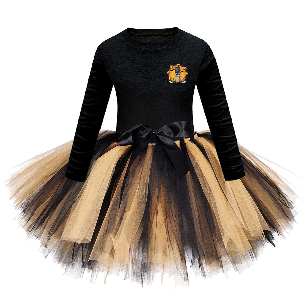 Arrival Girls’ Halloween Costume: Long Sleeves Cartoon Print Witches Cosplay Party Tulle Patchwork Dress-2