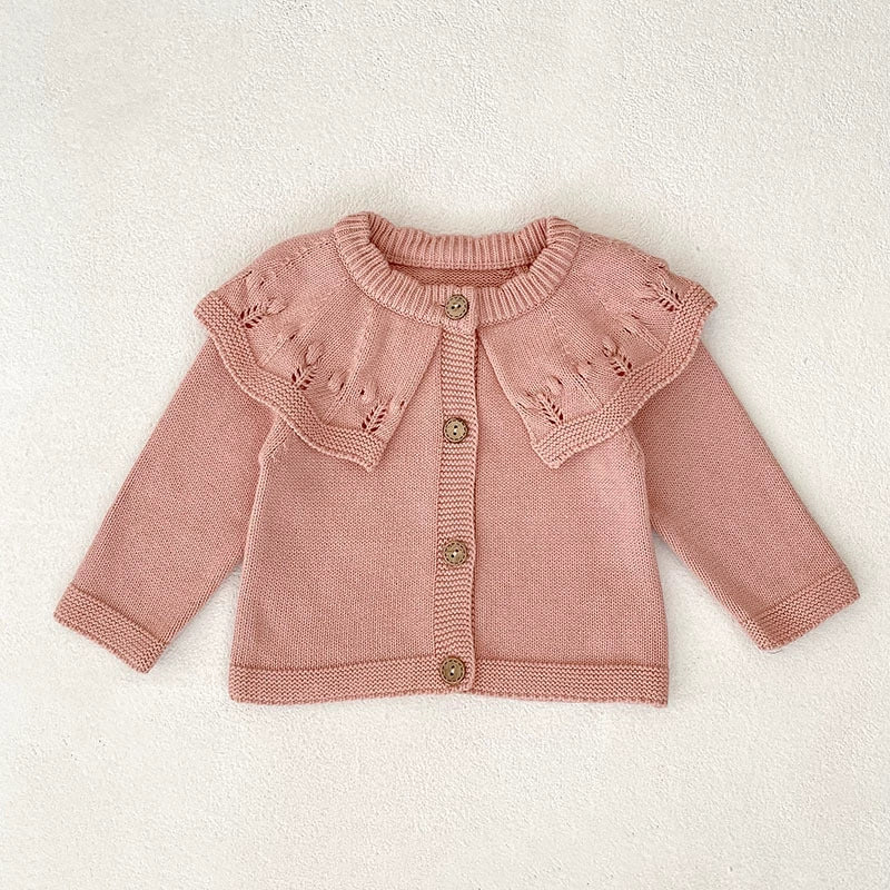 Autumn Arrival Baby Girls Comfortable Solid Color Knitted Long Sleeves Cardigan with Hollow-out Collar-2