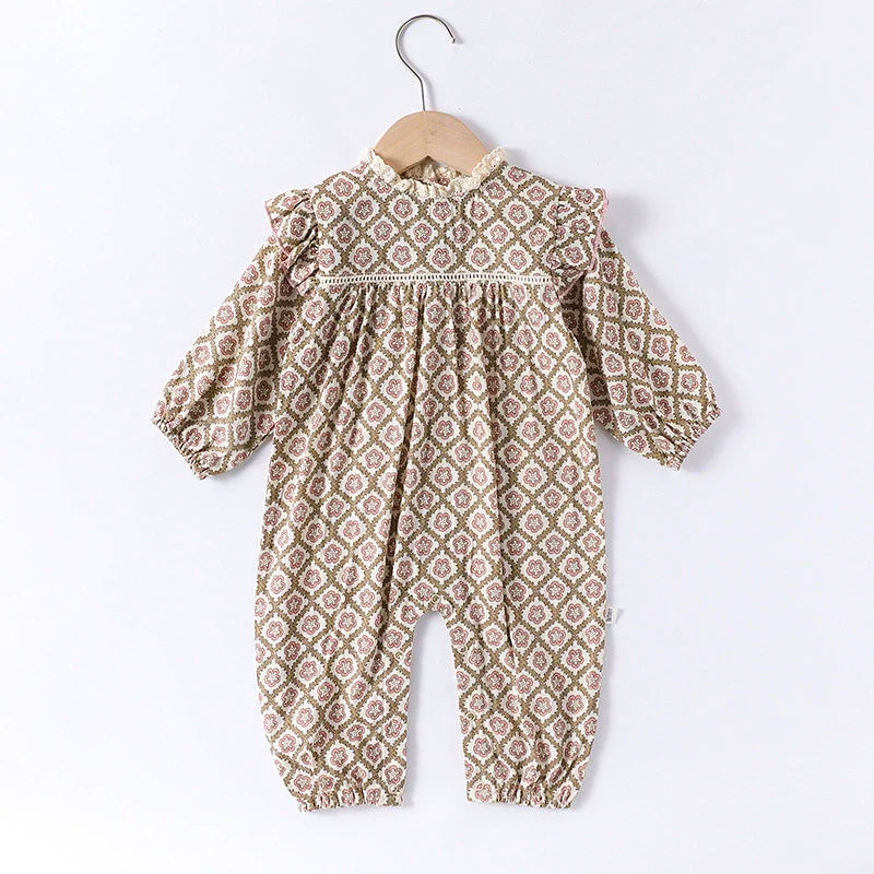 Autumn Arrival Baby Girls Long Sleeves Vintage Geometric and Flowers Pattern Rompers/Onesies-2