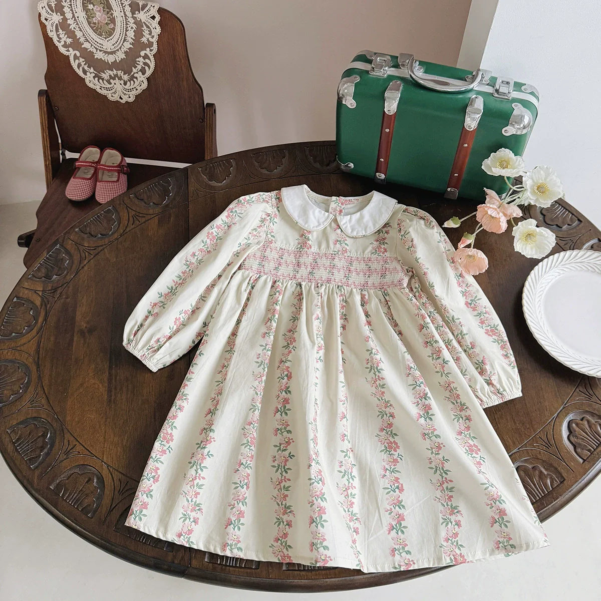 Arrival Autumn Girls Floral and Striped Pattern Long Sleeves Dress-2