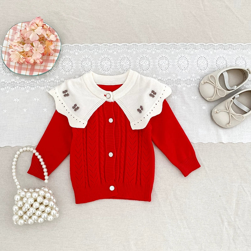 Autumn Arrival Baby Girls Comfortable Butterfly-bows Decorated Knitted Jacquard Long Sleeves Cardigan-4