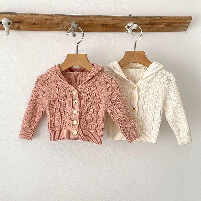 Autumn Arrival Baby Girls Comfortable Solid Color Knitted Long Sleeves Cardigan with Hood-4