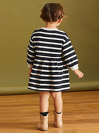 Arrival Autumn Girls Cartoon Dachshund Dog Pattern Crew Neck Long Sleeves Striped Dress-3