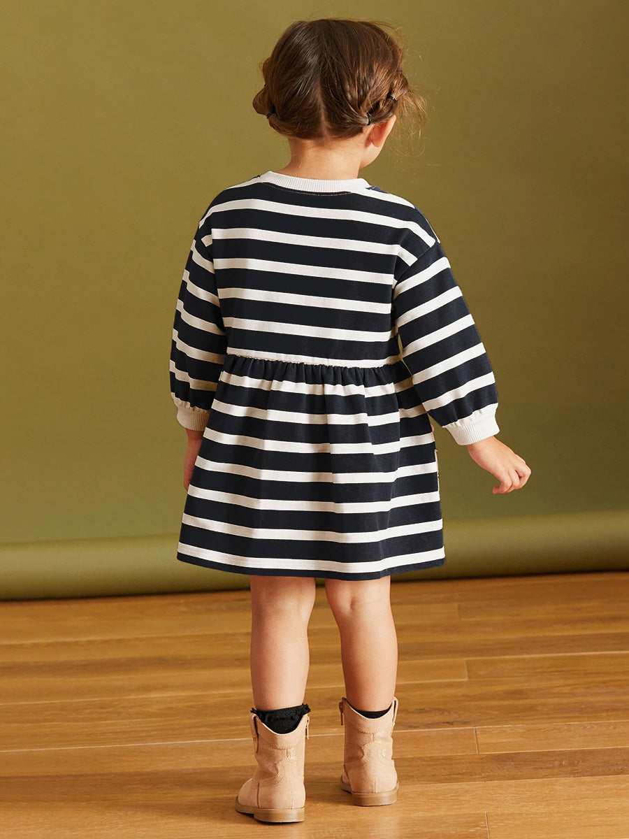 Arrival Autumn Girls Cartoon Dachshund Dog Pattern Crew Neck Long Sleeves Striped Dress-3