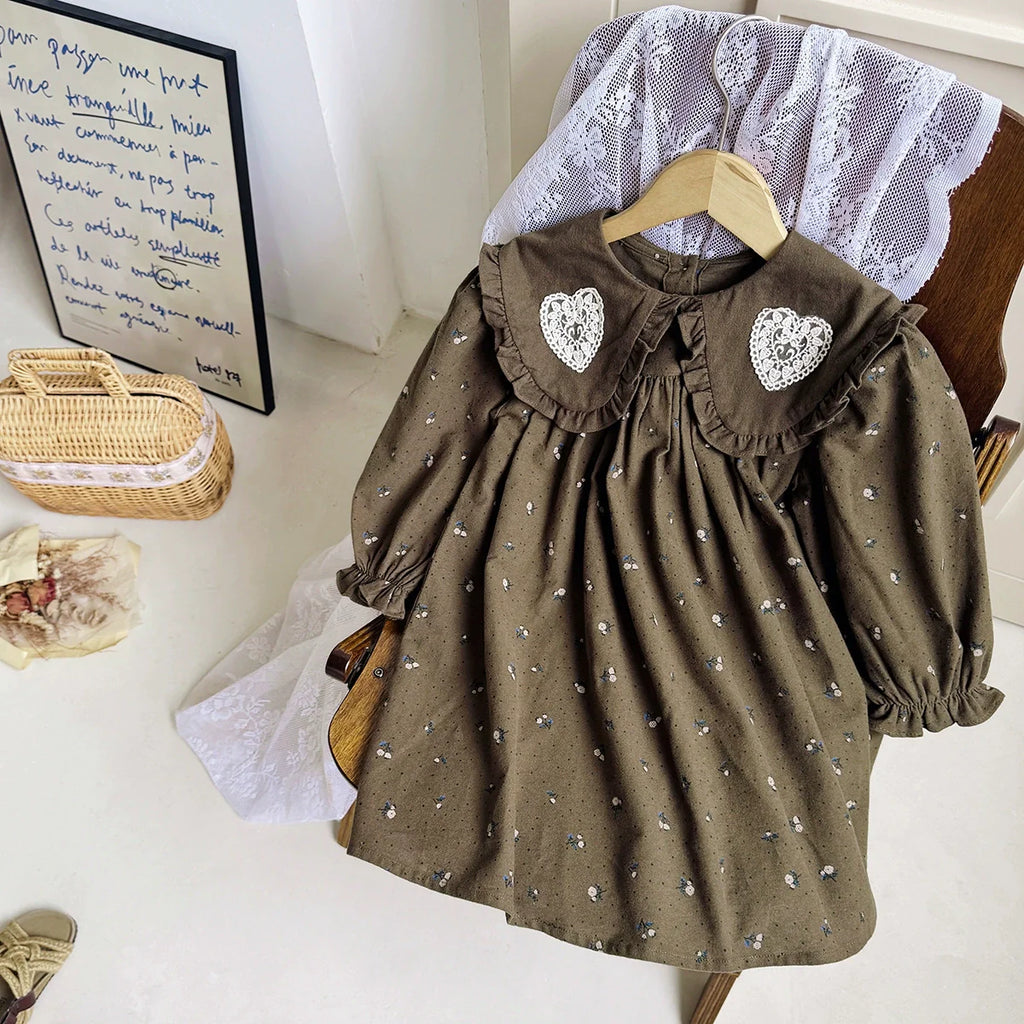 Arrival Autumn Girls Hearts Embroidery and Floral Printed Pattern Long Sleeves Dress-3