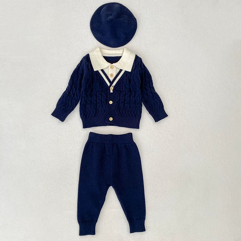 Arrival Autumn Baby Unisex Long Sleeves Geometric Pattern Knitted Top Cardigan and Long Trousers Clothing Set-2