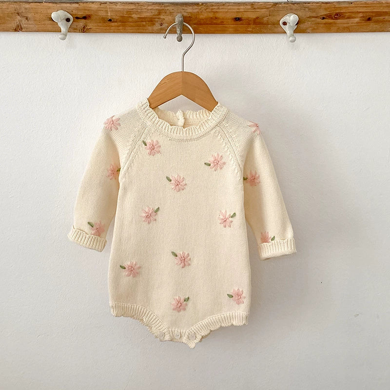 Autumn Arrival Baby Girls Knitted Long Sleeves Flowers Embroidered Pattern Onesies-4